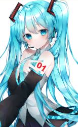 Rule 34 | 1girl, 39, absurdres, artist name, bare shoulders, black skirt, blue eyes, blue hair, blue nails, blue necktie, blush, breasts, closed mouth, detached sleeves, eyes visible through hair, fingernails, grey shirt, hair between eyes, hair ornament, hand up, hatsune miku, headphones, highres, long fingernails, long hair, long sleeves, looking at viewer, medium breasts, microphone, morino wako, nail polish, necktie, shirt, simple background, skirt, sleeveless, sleeveless shirt, solo, standing, twintails, v, vocaloid, white background, wide sleeves