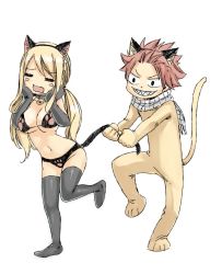 Rule 34 | 1boy, 1girl, animal costume, animal ears, bell, neck bell, bikini, blonde hair, blush, blush stickers, breasts, cat costume, cat ears, cat tail, collar, elbow gloves, fairy tail, gloves, low twintails, lucy heartfilia, mashima hiro, natsu dragneel, open mouth, paw print, pink hair, scarf, sharp teeth, spiked hair, swimsuit, tail, tail pull, teeth, thighhighs, twintails, wavy mouth