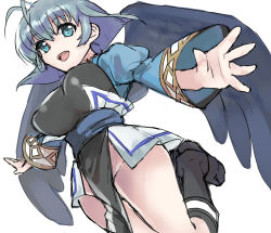 Rule 34 | 1girl, ahoge, ainu clothes, aquaplus, black wings, blue eyes, blue hair, breasts, feathered wings, from below, full body, gradient eyes, hair between eyes, highres, camyu, large breasts, large wings, long sleeves, looking at viewer, micon hnhn, multicolored eyes, navel, open mouth, outstretched arms, raised eyebrows, short hair, sidelocks, solo, spread arms, thick thighs, thighs, utawarerumono, wide sleeves, wings