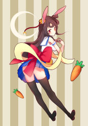 Rule 34 | 1girl, alisa (kuro no sakura), animal ears, bad id, bad pixiv id, black thighhighs, bow, brown hair, carrot, convenient censoring, crescent, hair ornament, highres, large bow, long hair, looking at viewer, looking back, original, own hands together, pleated skirt, rabbit ears, red bow, red eyes, school uniform, serafuku, skirt, smile, solo, striped, striped background, thighhighs, two-tone background, vertical stripes