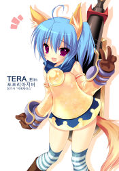 Rule 34 | 1girl, ahoge, animal ears, bad id, bad pixiv id, blue hair, bluehole studio, boots, dog ears, dress, elin, emily (pure dream), fang, gloves, purple eyes, smile, striped clothes, striped thighhighs, tail, tera online, thighhighs, twintails, v, weapon