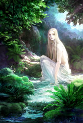 Rule 34 | 1girl, androgynous, arms at sides, blonde hair, blue eyes, closed mouth, dappled sunlight, day, expressionless, fantasy, fern, forest, from side, grass, hair over breasts, highres, knees up, leaf, legs together, light rays, lips, long hair, looking to the side, moss, nakamitsu, nature, original, outdoors, parted bangs, plant, rock, signature, sitting, sky, soaking feet, solo, sunbeam, sunlight, topfreedom, topless, tree, tree shade, wading, water