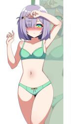 Rule 34 | 1girl, absurdres, belly, blush, blush stickers, bra, breasts, closed mouth, commission, eien project, eyes visible through hair, green bra, green eyes, green panties, highres, knee up, knees up, looking at viewer, navel, panties, purple hair, short hair, silhouette, simple background, small breasts, sweat, sweatdrop, thighs, underwear, underwear only, virtual youtuber, zumi dokumi