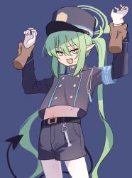 Rule 34 | 1boy, 1girl, :d, belt, black belt, black hat, black shorts, blue archive, blush, demon tail, disembodied hand, earrings, green hair, green halo, hair between eyes, halo, hat, nozomi (blue archive), highres, hizikata398, jewelry, long hair, midriff, navel, open mouth, pointy ears, shorts, simple background, smile, solo, solo focus, tail, twintails, very long hair, yellow eyes