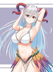 Rule 34 | 1girl, armpits, arms behind head, arms up, bikini, breasts, cleavage, fire emblem, fire emblem heroes, freyja (fire emblem), highres, horns, large breasts, long hair, looking at viewer, navel, nintendo, red eyes, solo, swimsuit, white hair
