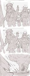 Rule 34 | 2girls, 3koma, absurdres, animal ears, arknights, bagpipe (arknights), comic, commentary request, donki (yeah), explosion, gameplay mechanics, greyscale, hand up, highres, holding, holding polearm, holding weapon, horn (arknights), horns, jacket, long hair, monochrome, multiple girls, polearm, skirt, v, very long hair, weapon, wolf ears