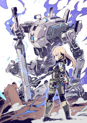 Rule 34 | 1girl, animification, armor, assault rifle, bad id, bad pixiv id, blonde hair, blue eyes, breasts, electricity, grapple pilot (titanfall 2), gun, knife, mecha, pilot, pilot (titanfall 2), pouch, reverse grip, rifle, robot, rock, size difference, small breasts, squatting, sword, sword plant, tajima ryuushi, titanfall, titanfall (series), titanfall 2, weapon, white background