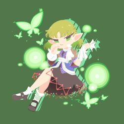 Rule 34 | 1girl, arm warmers, black dress, black footwear, blonde hair, breasts, brown shirt, bug, butterfly, closed mouth, commentary, crossed legs, dress, frown, full body, green background, green butterfly, green eyes, highres, insect, looking at viewer, mary janes, medium bangs, mizuhashi parsee, pointy ears, sash, scarf, shinsei tomato, shirt, shoes, short hair, small breasts, socks, solo, touhou, white sash, white scarf, white socks