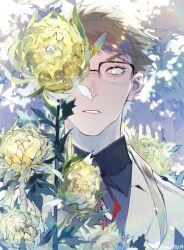 Rule 34 | 1boy, black shirt, bolo tie, bungou stray dogs, collared shirt, flower, glasses, green jacket, highres, jacket, kunikida doppo (bungou stray dogs), long hair, looking at viewer, male focus, oberon0614, one eye covered, parted lips, ponytail, shirt, solo, upper body, yellow eyes, yellow flower