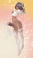 Rule 34 | 1futa, 2p (nier:automata), absurdres, black footwear, black thighhighs, bob cut, boots, breasts, cum, dark skin, ejaculation, elbow gloves, erection, feather-trimmed sleeves, flat chest, full-package futanari, futanari, gloves, hairband, handsfree ejaculation, high heel boots, high heels, highres, huge penis, huge testicles, juliet sleeves, large penis, long sleeves, nier:automata, nier (series), no panties, penis, puffy sleeves, short hair, small breasts, solo, testicles, thigh boots, thighhighs, tomoyuki kotani, uncensored, white hair, wide hips