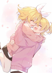 Rule 34 | 1boy, 1girl, arms around neck, black footwear, black pants, black skirt, blonde hair, bow, brother and sister, cherry blossoms, closed eyes, commentary request, falling petals, flipped hair, hair bow, hazuki natsu, highres, jumping, kagamine len, kagamine rin, lifting person, open mouth, pants, petals, pink sweater, shirt, short hair, short ponytail, siblings, simple background, skirt, smile, socks, sweater, vocaloid, white background, white footwear, white shirt, white socks