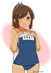 Rule 34 | 10s, 1girl, brown eyes, brown hair, capriccyo, i-401 (kancolle), kantai collection, one-piece swimsuit, open mouth, ponytail, school swimsuit, smile, solo, swimsuit, tan