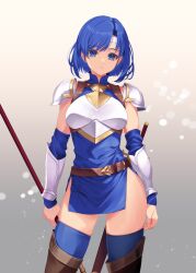 Rule 34 | 1girl, :o, armor, blue eyes, blue hair, boots, brown footwear, catria (fire emblem), commentary request, detached sleeves, fire emblem, fire emblem: shadow dragon and the blade of light, gradient background, headband, holding, holding polearm, holding weapon, kirishima satoshi, looking at viewer, nintendo, partial commentary, pegasus knight uniform (fire emblem), polearm, short hair, side slit, simple background, solo, thigh boots, thighhighs, weapon, white background, white headband, zettai ryouiki