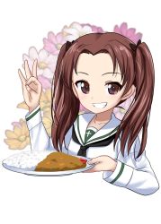 Rule 34 | 10s, 1girl, black neckerchief, blouse, brown eyes, brown hair, commentary request, cropped torso, curry, curry rice, food, girls und panzer, grin, highres, holding, kadotani anzu, long hair, long sleeves, looking at viewer, money gesture, neckerchief, one-hour drawing challenge, ooarai school uniform, parted bangs, plate, portrait, rice, school uniform, serafuku, shiina excel, shirt, smile, solo, twintails, white background, white shirt
