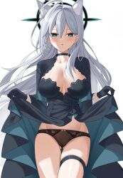 Rule 34 | 1girl, ahoge, animal ear fluff, animal ears, black choker, black dress, black gloves, black panties, blue archive, blue eyes, blush, breasts, choker, collarbone, cowboy shot, dark halo, dong ja9502, dress, extra ears, gloves, gluteal fold, grey hair, hair between eyes, halo, highres, large breasts, long hair, long sleeves, mismatched pupils, panties, parted lips, shiroko (blue archive), shiroko terror (blue archive), simple background, solo, thigh strap, underwear, white background, wolf ears