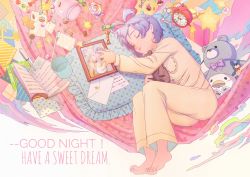 Rule 34 | 1girl, alarm clock, apize, blue hair, book, box, candy, clock, cracker, cup, english text, closed eyes, food, full body, gift, gift box, hair rings, highres, jar, lollipop, luo tianyi, lying, mug, on side, pajamas, pen, photo (object), pillow, polka dot, smile, stuffed animal, stuffed toy, teddy bear, toothbrush, vocaloid, vsinger