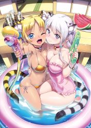 Rule 34 | 2girls, ;d, absurdres, aiming, animal ears, arm around waist, arm up, asymmetrical docking, barefoot, bell, bikini, blonde hair, blue eyes, blush, breast press, breasts, casual one-piece swimsuit, cat ears, cat tail, choker, collarbone, covered navel, cropped, cup, dark-skinned female, dark skin, drink, drinking glass, extra ears, eyebrows, face-to-face, fang, fang out, finger on trigger, food, foreshortening, frilled one-piece swimsuit, frilled swimsuit, frills, from above, fruit, hair ornament, hair ribbon, highres, ice, ice cube, jingle bell, kneeling, koume keito, large breasts, long hair, looking at viewer, multiple girls, navel, neck bell, nose blush, one-piece swimsuit, one eye closed, open mouth, orange bikini, outdoors, outstretched arm, partially submerged, pink one-piece swimsuit, purple eyes, ribbon, scan, seiza, side-tie bikini bottom, sidelocks, silver hair, sitting, smile, sparkle, strapless, strapless one-piece swimsuit, string bikini, summer, swimsuit, symmetrical docking, tail, tiger ears, tiger tail, toranoana, twintails, veranda, very long hair, wading pool, water gun, watermelon, wet, wristband
