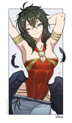 Rule 34 | 1girl, ;), absurdres, armlet, armpits, arms up, bare shoulders, black hair, black wings, blue eyes, breasts, character name, cleavage, collarbone, commentary, commission, cowboy shot, feathers, fire emblem, fire emblem: radiant dawn, grey pants, highres, long hair, looking at viewer, low wings, medium breasts, nintendo, o-ring, o-ring top, one eye closed, pants, pixiv commission, silvercandy gum, smile, solo, standing, vika (fire emblem), wings