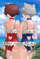 Rule 34 | 2girls, absurdres, animal ears, ass, bare arms, bare shoulders, blue choker, blue sky, blue one-piece swimsuit, blush, brown eyes, brown hair, casual one-piece swimsuit, cat ears, cat girl, cat tail, choker, closed mouth, clothing cutout, cloud, cowboy shot, day, frilled swimsuit, frills, heart cutout, highres, kirarin369, multicolored hair, multiple girls, ocean, one-piece swimsuit, outdoors, polka dot, polka dot swimsuit, red choker, red one-piece swimsuit, short hair, sky, swimsuit, tail, tail through clothes, two-tone hair, white hair