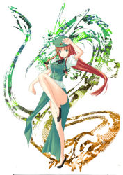 Rule 34 | 1girl, bare legs, braid, dragon, eastern dragon, female focus, fighting stance, green eyes, hat, hong meiling, immaterial and missing power, long hair, nabeshima tetsuhiro, no socks, red hair, side slit, solo, standing, standing on one leg, touhou, twin braids