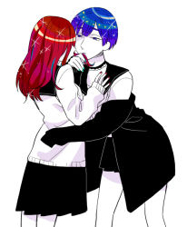 Rule 34 | 2others, androgynous, artist request, blue eyes, blue hair, blunt bangs, choker, cinnabar (houseki no kuni), face-to-face, houseki no kuni, kissing hair, long hair, looking at another, multiple others, nail polish, off shoulder, phosphophyllite, phosphophyllite (ll), red hair, sailor collar, school uniform, short hair, skirt, sleeves past wrists, sparkle, spoilers, sweater, white background