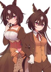 Rule 34 | 1girl, animal ears, artist name, black jacket, black pants, breasts, brown dress, brown hair, collared shirt, commentary request, cowboy shot, cross tie, den den tumuri, dress, ear ornament, gloves, hair between eyes, hand on own hip, highres, horse ears, horse girl, horse tail, jacket, long hair, long sleeves, looking at viewer, medium breasts, multicolored hair, multiple views, official alternate costume, open clothes, open jacket, open mouth, pants, red eyes, shirt, simple background, sirius symboli (escorte etoile) (umamusume), sirius symboli (umamusume), smile, streaked hair, tail, tailcoat, umamusume, v-shaped eyebrows, watermark, white background, white gloves, white hair, white shirt