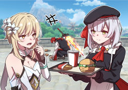Rule 34 | 1boy, 2girls, alternate costume, ascot, bare shoulders, bird, blonde hair, blue sky, blunt bangs, bow, breasts, burger, cabbie hat, chicken, cleavage, cup, day, diluc (genshin impact), diluc (kfc) (genshin impact), dress, drink, drinking straw, drumsticks, employee uniform, fast food, fast food uniform, fire, flower, food, french fries, genshin impact, greatsword, green eyes, grey hair, hair bow, hair flower, hair ornament, half-closed eyes, hat, hayarob, highres, kfc, long hair, long sleeves, lumine (genshin impact), multiple girls, noelle (genshin impact), noelle (kfc) (genshin impact), open mouth, outdoors, ponytail, red ascot, red hair, short hair, sky, sleeveless, sleeveless dress, sword, tray, tree, uniform, weapon