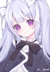 Rule 34 | 1girl, assault lily, black bow, black bowtie, blunt bangs, blurry, blush, bow, bowtie, buttons, closed mouth, commentary request, cropped jacket, depth of field, frilled shirt collar, frills, grey hair, hair bow, head tilt, highres, light blush, light particles, light smile, long hair, looking at viewer, mafuyu (mfyo0), miriam hildegard von gropius, purple eyes, school uniform, shirt, simple background, solo, twintails, twitter username, upper body, white background, white bow, white shirt, yurigaoka girls academy school uniform