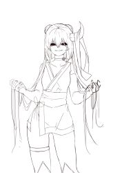 Rule 34 | 1girl, absurdres, breasts, brown eyes, brown theme, choker, cleavage, contrapposto, double bun, grin, hair bun, hands in hair, highres, horn ornament, horns, japanese clothes, kimono, kneehighs, long hair, looking at viewer, monochrome, obi, original, rktlek159, sash, short kimono, simple background, single horn, small breasts, smile, socks, solo, thigh strap, very long hair, white background