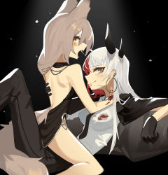 Rule 34 | 2girls, absurdres, animal ears, backless dress, backless outfit, biting, black background, black dress, black gloves, black jacket, black pants, blood, blood on clothes, blood on face, breasts, collared shirt, demon girl, dress, ear piercing, earrings, fenrir (ghost (tama)), from side, ghost (tama), gloves, highres, hoop earrings, horns, jacket, jacket on shoulders, jewelry, lip piercing, medium breasts, multicolored hair, multiple girls, multiple horns, neck biting, open mouth, original, pants, piercing, red hair, shirt, sitting, sitting on person, smile, streaked hair, white shirt, wolf ears, wolf girl, yellow eyes