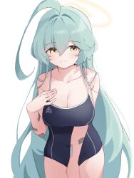 Rule 34 | 1girl, ahoge, aqua hair, arsyky14, bandaid, bandaid on arm, bare shoulders, black one-piece swimsuit, blue archive, blush, breasts, cleavage, closed mouth, commentary, cowboy shot, gauze, halo, highres, huge ahoge, large breasts, long hair, looking at viewer, one-piece swimsuit, school swimsuit, simple background, smile, solo, swimsuit, too many bandaids, very long hair, white background, yellow eyes, yellow halo, yume (blue archive)