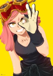 Rule 34 | + +, 1girl, absurdres, black gloves, black shirt, boku no hero academia, breasts, cleavage, clothes around waist, collarbone, gloves, goggles, goggles on head, grin, hatsume mei, highres, jacket, jacket around waist, large breasts, leaning forward, looking at viewer, medium hair, pink hair, ribbed shirt, shirt, simple background, sleeveless, sleeveless shirt, smile, solo, stayaliveplz, symbol-shaped pupils, yellow background, yellow eyes