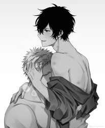 2boys absurdres black_hair blush given greyscale hand_in_another&#039;s_hair hand_on_another&#039;s_neck highres kaji_akihiko looking_at_viewer male_focus monochrome multiple_boys murata_ugetsu pinoli_(pinoli66) simple_background sweatdrop topless_male undressing white_background yaoi