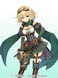 Rule 34 | 1girl, ange vierge, aqua eyes, belt pouch, blonde hair, blush, boots, breasts, brown footwear, cleavage, copyright name, garter straps, goggles, goggles on head, green scarf, gun, hand on own hip, holding, holding gun, holding weapon, knee boots, looking at viewer, official art, pleated skirt, pouch, puffy sleeves, scarf, shamonor, simple background, skirt, smile, thighhighs, weapon