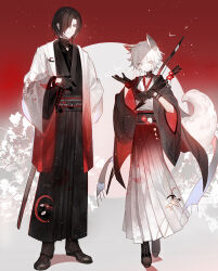 Rule 34 | 2boys, animal ears, arrow (projectile), black eyes, black gloves, black hair, black hakama, bow (weapon), commentary request, dog boy, dog ears, dog tail, gloves, hair over one eye, hakama, hakama pants, haori, highres, holding, holding arrow, japanese clothes, juexing (moemoe3345), katana, looking at viewer, mabinogi, male focus, multiple boys, pants, player character (mabinogi), red background, smile, sword, tail, two-tone background, weapon, white background, white hakama