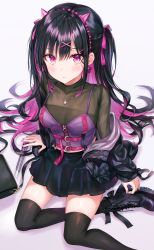 Rule 34 | 1girl, absurdres, belt, black footwear, black hair, black jacket, black shirt, black skirt, black thighhighs, boxcutter, breasts, collarbone, corset, earrings, hair ornament, hair ribbon, hairband, highres, jacket, jewelry, long hair, looking at viewer, medium breasts, midriff peek, miniskirt, multicolored hair, nail polish, necklace, off shoulder, open clothes, open jacket, original, pink eyes, pink hair, ribbon, shirt, shoes, sidelocks, sitting, skirt, solo, spaghetti strap, thighhighs, thighs, tokkyu, two-tone hair, two side up, very long hair, x hair ornament, zettai ryouiki
