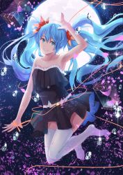 Rule 34 | 1girl, :d, alternate costume, arm up, backlighting, bare arms, bare shoulders, black dress, blue eyes, blue hair, collarbone, dress, full body, full moon, fur-trimmed dress, fur trim, grin, hair ribbon, hatsune miku, hourglass, long hair, looking at viewer, moon, moonlight, muko (kokia38), no shoes, open mouth, petals, red ribbon, ribbon, smile, solo, sparkle, string, teeth, thighhighs, twintails, very long hair, vocaloid, water drop, white thighhighs, zettai ryouiki