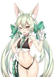 Rule 34 | 1girl, 3.14, ;3, ;d, animal ear fluff, animal ears, art556 (girls&#039; frontline), bikini, black bikini, blush, braid, brown eyes, collared shirt, contrapposto, crop top, flat chest, girls&#039; frontline, gloves, green hair, hair between eyes, hand on own hip, highres, index finger raised, long hair, looking at viewer, low twintails, navel, official style, one eye closed, open mouth, shirt, simple background, sleeveless, sleeveless shirt, smile, solo, standing, swimsuit, thighs, twintails, very long hair, white background, white gloves, white shirt