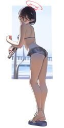 Rule 34 | 1girl, absurdres, arched back, armpit crease, artist name, ass, ayane (blue archive), ayane (swimsuit) (blue archive), bare legs, bikini, blue archive, blue bikini, blue footwear, blue nails, breasts, brown eyes, feet, flip-flops, from behind, full body, gun, hair ornament, halo, handgun, heel up, highres, holding, holding gun, holding weapon, leaning on object, legs, looking at viewer, looking back, medium breasts, medium hair, micro shorts, nail polish, parted lips, pointy ears, pool, puto trash, red-framed eyewear, red halo, sandals, shadow, shorts, sig p228/p229, sig sauer, solo, standing, striped bikini, striped clothes, swimsuit, toenail polish, toenails, toes, unbuttoned, weapon, white bikini, white nails