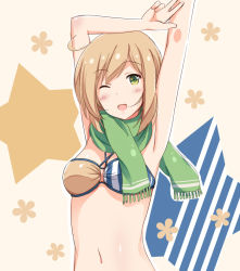 Rule 34 | 1girl, ;d, armpits, arms up, bad id, bad pixiv id, bikini, brown hair, green eyes, green scarf, navel, one eye closed, open mouth, original, scarf, short hair, shuuichi, smile, solo, swimsuit, wink