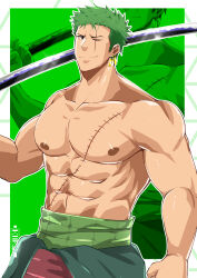 Rule 34 | 1boy, abs, absurdres, artist name, bara, belt, biceps, earrings, green eyes, green hair, highres, holding, holding sword, holding weapon, jewelry, katana, kiazu114, large pectorals, male focus, manly, mature male, muscular, muscular male, nipples, one piece, over shoulder, pectorals, roronoa zoro, scar, scar on chest, short hair, signature, skirt, solo, spiked hair, stud earrings, sword, topless male, weapon, weapon over shoulder