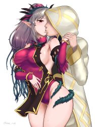Rule 34 | 1boy, 1girl, absurdres, armpits, blade ride, breasts, dress, fairy wings, fire emblem, fire emblem heroes, grabbing, grabbing another&#039;s breast, grey hair, hand under clothes, highres, holding hands, hood, hood up, kiran (fire emblem), kiran (male) (fire emblem), kiss, large breasts, leotard, long hair, nintendo, open mouth, plumeria (fire emblem), pointy ears, ponytail, red eyes, simple background, thighs, thorns, white background, wings