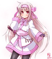 Rule 34 | 1girl, ainu clothes, black pantyhose, blush, bow, cropped jacket, dated, fate/grand order, fate (series), fingerless gloves, gloves, hair bow, hair ribbon, hairband, headband, highres, illyasviel von einzbern, kanon (kurogane knights), long hair, long sleeves, looking at viewer, open mouth, pantyhose, purple bow, purple hairband, red eyes, ribbon, sash, scarf, simple background, sitonai (fate), smile, split mouth, standing, sword, very long hair, weapon, white background