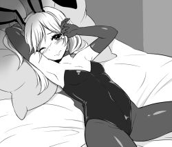 Rule 34 | 1girl, animal ears, armpits, bare shoulders, blush, elbow gloves, fake animal ears, gloves, greyscale, long hair, looking at viewer, lying, monochrome, on back, one eye closed, pantyhose, playboy bunny, rabbit ears, solo, tears, wince, zaxwu