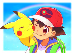 Rule 34 | 1boy, ;t, affectionate, ash ketchum, backpack, bag, blurry, blurry background, brown eyes, brown hair, closed mouth, commentary request, creatures (company), cuddling, game freak, gen 1 pokemon, green bag, hat, kyanos (b 0000ff), male focus, nintendo, on shoulder, pikachu, pokemon, pokemon (anime), pokemon (creature), pokemon journeys, pokemon on shoulder, pokemon swsh147, rainbow, red headwear, shirt, short hair, sleeveless, sleeveless jacket, smile, t-shirt, upper body, white shirt