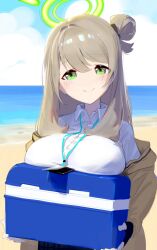 Rule 34 | 1girl, beach, black gloves, blue archive, breast rest, breasts, carried breast rest, carrying, closed mouth, cloud, collared shirt, cooler, day, fingerless gloves, gloves, green eyes, had (had314), hair bun, halo, highres, horizon, jacket, lanyard, large breasts, light brown hair, long hair, looking at viewer, nonomi (blue archive), ocean, off shoulder, outdoors, shirt, smile, solo, standing, white shirt