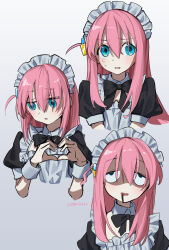 Rule 34 | 1girl, alternate costume, apron, aqua eyes, black bow, black bowtie, bocchi the rock!, bow, bowtie, commentary request, cube hair ornament, detached collar, enmaided, gotoh hitori, hair between eyes, hair ornament, hair over eyes, heart, heart hands, highres, long bangs, long hair, looking at viewer, maid, maid apron, maid headdress, multiple views, myuga66666, parted lips, pink hair, saliva, simple background, sweat, twitter username, upper body, white background, white wrist cuffs, wrist cuffs