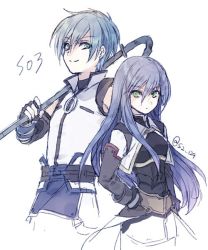 Rule 34 | 1boy, 1girl, blue hair, closed mouth, fayt leingod, fingerless gloves, gloves, green eyes, itsuki (s2 129), lead pipe, long hair, looking at viewer, maria traydor, simple background, smile, star ocean, star ocean till the end of time, white background