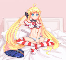 Rule 34 | 1girl, :3, andrea doria (warship girls r), bad id, bad pixiv id, bandaid, bare shoulders, bed, belt, blonde hair, blue eyes, blush, bustier, cang se ye hua, choker, highres, indian style, long hair, looking at viewer, navel, on bed, panties, pillow, pleated skirt, sitting, skirt, solo, striped clothes, striped panties, striped thighhighs, thighhighs, twintails, underwear, untying, unworn skirt, very long hair, warship girls r