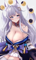Rule 34 | 1girl, absurdres, animal ear fluff, animal ears, azur lane, bare shoulders, blue collar, blue eyes, blue kimono, breasts, bug, butterfly, cleavage, collar, fox ears, fox girl, grey background, highres, insect, japanese clothes, kimono, kitsune, kyuubi, large breasts, large tail, long hair, looking at viewer, miniskirt, moon phases, multiple tails, off shoulder, pleated skirt, shinano (azur lane), simple background, skirt, skirt under kimono, solo, tail, thighhighs, wee (weeyy), white skirt, white tail, white thighhighs, zettai ryouiki